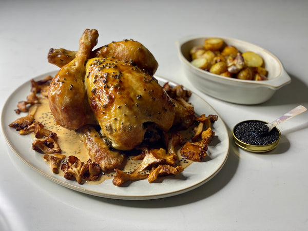 Citrus Brined Roast Chicken with Caviar Sauce, Girolles & Roasted New Potatoes