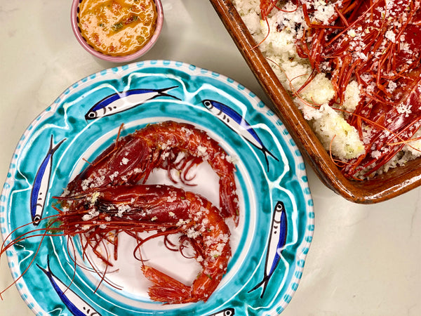 Salt Baked Carabineros with Chipotle Red Pepper Salsa